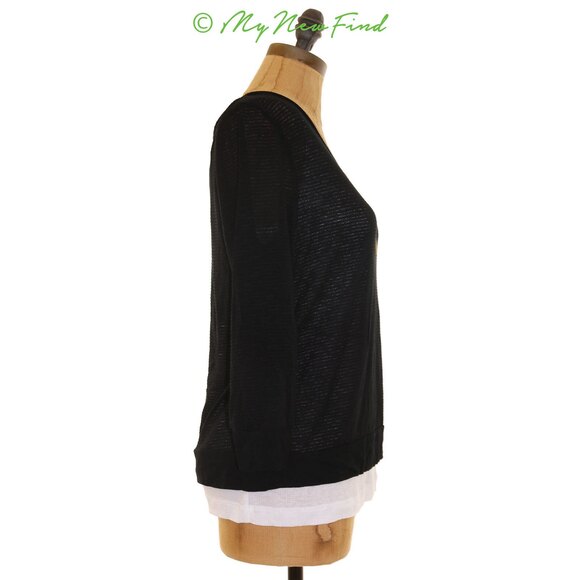 Olivia Moon Double Layer Top XS Long Sleeve Striped Black Ivory NEW Tag B74 - Picture 2 of 3